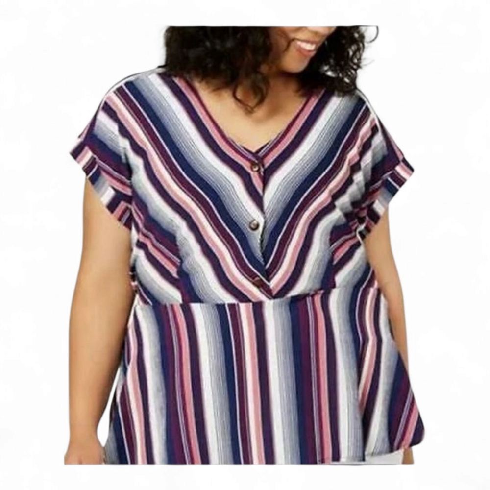 NWT Monteau Striped Button Front Peplum Hem Blouse 3x Blue Pink Vneck
